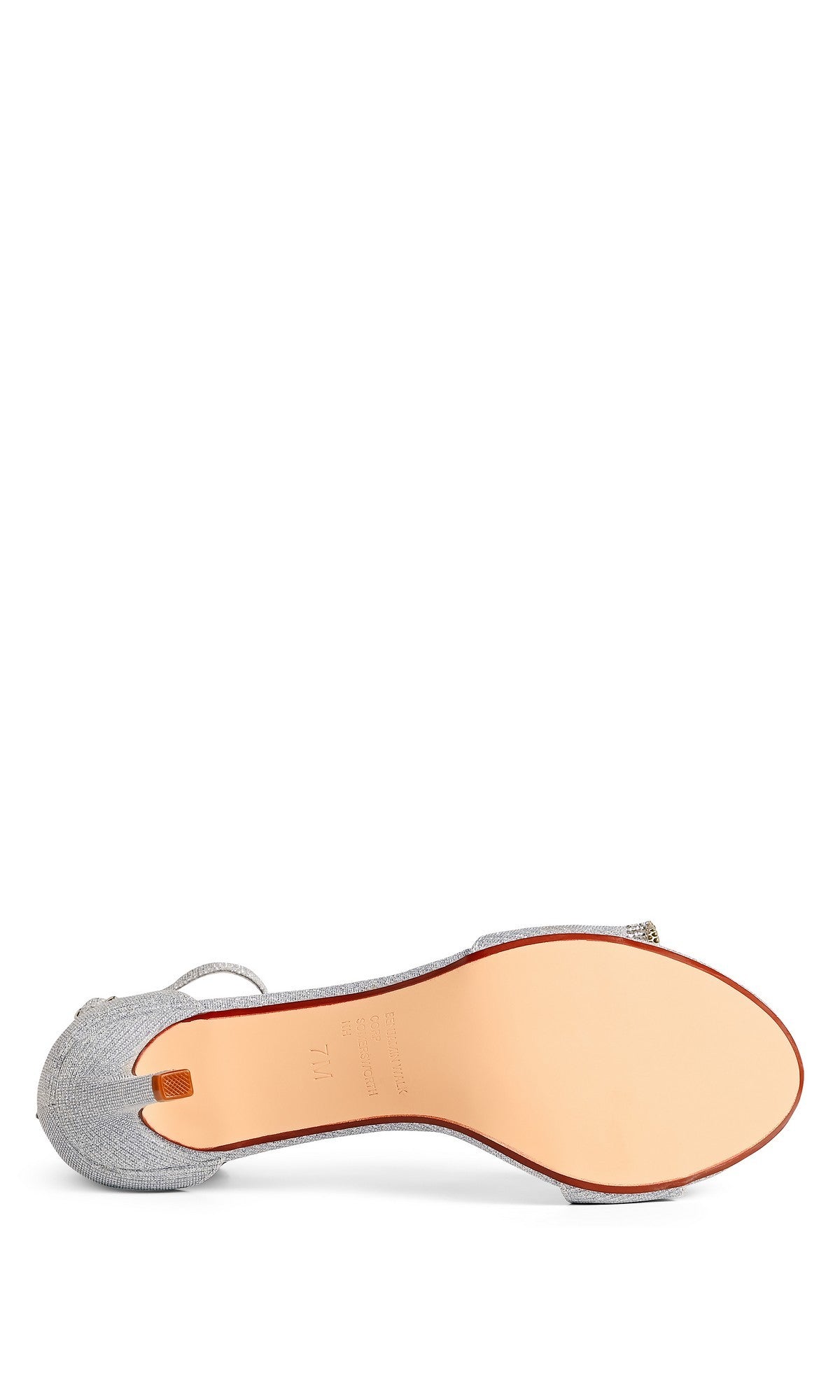 The Esme Silver Prom Shoes: Touch Ups 4744 is a single silver high-heeled shoe with a smooth tan sole and closed, textured heel—an elegant choice for prom.